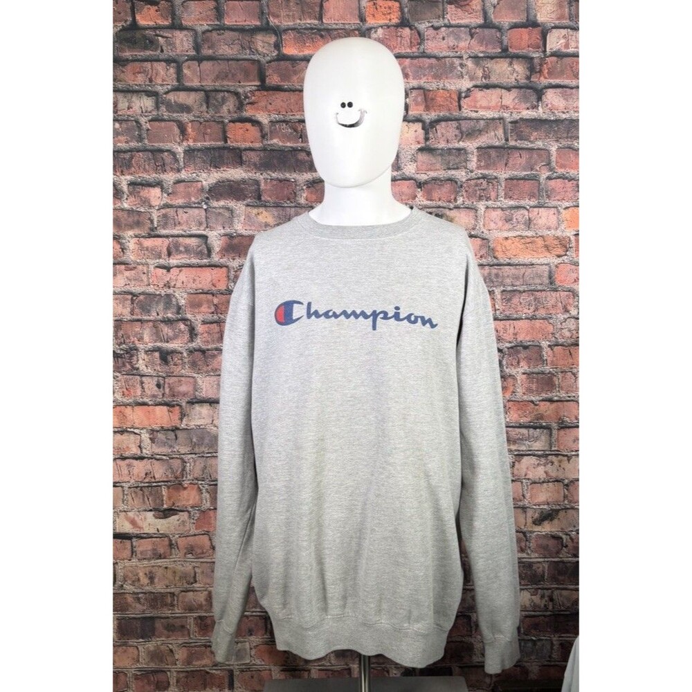 CHAMPION Men's Size Large Gray Long Sleeve Sweatshirt Script Spellout Logo Shirt